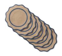 MARTHA STEWART Hessian Textured Wedge Border Placemats 6-Pack Set, 100% Natural Jute & Burlap, Woven Scallop Border Placemat, Natural/Navy Blue, 15”x15” Round