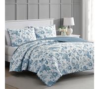 Martha Stewart King Size Quilt Bedding Set - 3 Piece, Soft Washed Microfiber, Printed Bedspread, Reversible, All Season, 1 Quilt, 2 King Pillow Shams, Blue & White, Tiana Floral Print