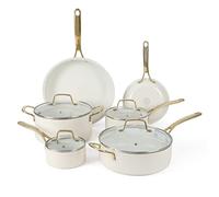 Martha Stewart Lockton Nonstick Ceramic Interior 10 Piece Enamel Auminum Cookware Set - Linen w/Gold Handle