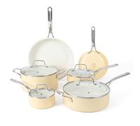 Martha Stewart Lockton Premium Nonstick PFA Free Ceramic Interior 10 Piece Enamel Heavy Gauge Aluminum Pots and Pans Cookware Set - Butter Cream