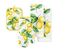 Martha Stewart Lots of Lemons Modern Kitchen Towel, Oven Mitt & Potholder Set, 4-Pack, White-Yellow