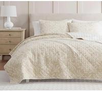 Martha Stewart Natural Cotton-Blend Quilted, Incredibly Soft w/Moisture-Wicking Fibers, Medium Weight Reversible Matching Pillowcases, 3 Piece Bed Set, Layered Branches Beige, King