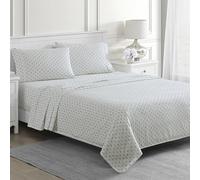 Martha Stewart Prairie Stripe 300TC 100% Cotton Percale Sheet Set, Green/White, 4 Piece - 1 Flat Sheet, 1 Fitted Sheet, 2 Std Pillowcases, Breathable Cotton Printed Bed Sheets, Queen Size