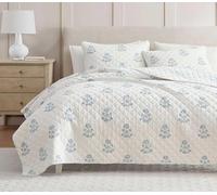 Martha Stewart - Queen Quilt Set, 100% Cotton Reversible Bedding Set, Incredibly Soft Feel for Year Round Comfort, 3 Piece Bed Set with Matching Pillowcases (Flower Block Print Blue)