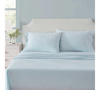 Martha Stewart - Queen Size Sheets Set, Crisp & Tailored Cooling Sheets w/a Naturally Smooth Cotton Percale Lightweight Feel - Bed Sheets with Matching Pillowcases & Fitted Sheet (Stripe Blue)