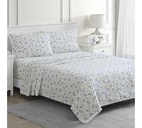 Martha Stewart Ruth Ditsy Floral 300TC 100% Cotton Percale Sheet Set, Blue/White, 4 Piece - 1 Flat Sheet, 1 Fitted Sheet, 2 Std Pillowcases, Breathable Cotton Printed Bed Sheets, Queen Size