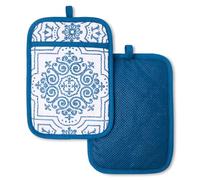 MARTHA STEWART Strie Medallion Pot Holder 2-Pack Set, Heat Resistant, Non-Slip Silicone Grip, Navy Blue, 7"x10"