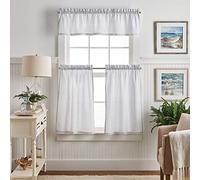 Martha Stewart Ticking Stripe 3-Piece Window Curtain Valance and Tiers Set, White Indigo