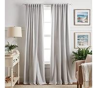 Martha Stewart Ticking Stripe Blackout Lining Rod Pocket/Back Tab Window Curtain Panel Pair, 84", White/Grey