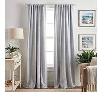 Martha Stewart Ticking Stripe Blackout Lining Rod Pocket/Back Tab Window Curtain Panel Pair, 84", White/Indigo