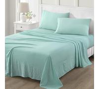 Martha Stewart Ultra Soft Brushed and Washed Microfiber 4 Piece Sheet Set, Easy Care, Bed Sheets, Deep Pocket up to 16",1 Flat and 1 Fitted Sheet, 2 Standard Pillowcases, Queen Size, Aqua Turquoise