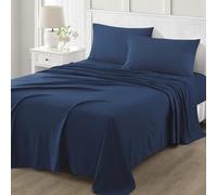 Martha Stewart Ultra Soft Brushed and Washed Microfiber 4 Piece Sheet Set, Easy Care, Comfy Bed Sheets with Deep Pocket up to 16", 1 Flat and 1 Fitted Sheet, 2 Std. Pillowcases, Queen Size, Navy Blue