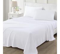 Martha Stewart Ultra Soft Brushed and Washed Microfiber 4 Piece Sheet Set, Easy Care, Comfy Sheets with Deep Pocket, 1 Flat Sheet, 1 Fitted Sheet, 2 Std. Pillowcase, Full Size, White & Blush Pink