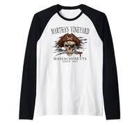 Martha's Vineyard MA Pirate Skull Since 1642 Black Raglan Baseball Tee