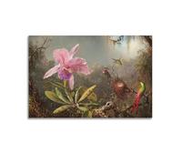 Martin Johnson Heade Fine Artwork Poster Cattleya Orchid And Three Hummingbirds Wall Art Scroll Canvas Picture Living Room Decor Home 24x36inch(60x90cm)