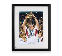 Martin Johnson Signed England Rugby Photo: The Webb Ellis Trophy. Framed