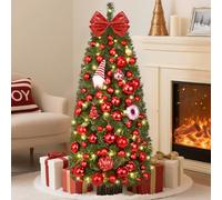 MARTINE MALL Pre-Decorated 3FT Small Christmas Tree with 50 LED String Lights, Artificial Mini Tabletop Christmas Tree Cute Little Xmas Trees with Red Hanging Ornaments for Home Small Space Holiday
