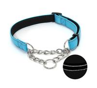Martingale Dog Collar with Stainless Steel Chain, Adjustable Soft Padded Nylon Reflective Collar, No Pull Heavy Duty Chain Walking Training Colllars for Large, Medium, Small Dogs(Blue, 10.6" - 15.7")