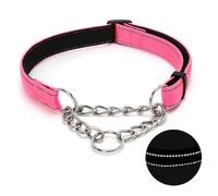 Martingale Dog Collar with Stainless Steel Chain, Adjustable Soft Padded Nylon Reflective Collar, No Pull Heavy Duty Chain Walking Training Colllars for Large, Medium, Small Dogs(Pink, 16.5" - 27.6")