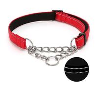 Martingale Dog Collar with Stainless Steel Chain, Adjustable Soft Padded Nylon Reflective Collar, No Pull Heavy Duty Chain Walking Training Colllars for Large, Medium, Small Dogs(Red, 13.0" - 23.6")
