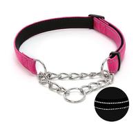 Martingale Dog Collar with Stainless Steel Chain, Adjustable Soft Padded Nylon Reflective Collar, No Pull Heavy Duty Chain Walking Training Colllars for Large, Medium, Small Dogs(Rose, 16.5" - 27.6")