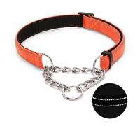 Martingale Dog Collar with Stainless Steel Chain, Adjustable Soft Padded Nylon Reflective Collar, No Pull Heavy Duty Chain Walking Training Colllars for Large, Medium, Small Dogs(Orange, 10.6"-15.7")