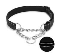 Martingale Dog Collar with Stainless Steel Chain, Adjustable Soft Padded Nylon Reflective Collar, No Pull Heavy Duty Chain Walking Training Colllars for Large, Medium, Small Dogs(Black, 12.6" - 19.7")