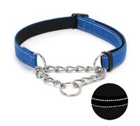Martingale Dog Collar with Stainless Steel Chain, Adjustable Soft Padded Nylon Reflective Collar, No Pull Heavy Duty Chain Walking Training Colllars for Large, Medium, Small Dogs(Blue, 10.6" - 15.7")