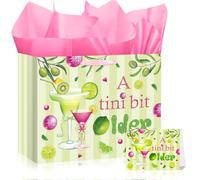 Martini Birthday Gift Bag with Card & 3 Sheets Pink Tissue Paper, A Tini Bit Older Cocktail Theme Present Bag for Women, Large Luxury Birthday Wrap for Her, 21st 30th 40th Party