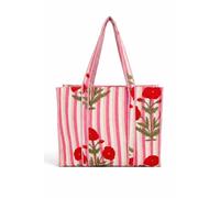 Marubhumi Floral Cotton Tote Bag, Pink and White Striped with Red Botanical Print, Large Shopping Beach Bag with Shoulder Straps, 18x15x5.5 Inches