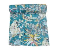 Marubhumi Indian Handmade Traditional Monkey Print Kantha Quilt Indian Cotton Bedding Throw Blanket Bespread Hand Stitched with Love (Teal, King (108"x 108"))