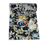 Marubhumi Indian Handmade Traditional Monkey Print Kantha Quilt Indian Cotton Bedding Throw Blanket Bespread Hand Stitched with Love (Black, King (108"x 108"))
