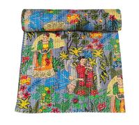 Marubhumi Indian Traditional Farida Design Pure Cotton Kantha Quilt Indian Cotton Bedding Bedspread (Light Grey, Queen (90"x 108"))