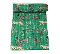 Marubhumi Indian Traditional Pure Cotton Jungle Print Kantha Quilt Bedding, Bed Cover Throw Animal Printed Kantha Quilts Multi Color (Green, Twin (60''x 90''))