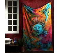 Marubhumi Psychedelic Sun Moon Stars Tie Dye Mandala Queen Tapestry Hippie Hippy Celestial Wall Hanging Indian Trippy Bohemian Tapestries (Multi, 82 X 92 Inch (208 x 233 Cms)