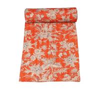 Marubhumi Quilt Blanket Indian Traditional Pure Cotton Floral Print Kantha Quilt, Bed Cover Throw Floral Printed Kantha Quilts Multi Color, Orange - Twin (60"x 90")