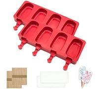 MARUKO Cake Lolly Moulds, Christmas Party,Silicone Popsicle,Jelly Mould,Panna Cotta,Ice Lolly Moulds, Cakesicle Mould with 2 Lids & 100 Wooden Sticks for DIY Ice Cream (4 Cavities, Red)