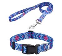 MarukoPet Dog Collar and Leash Set, Adjustable for Small Medium Large Dogs Puppy, Cute Design with Bohemia Floral Tribal Geometric Patterns Boys Girls Dog Collar(Blue Ethnic Style Set,M)