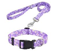 MarukoPet Dog Collar and Leash Set, Adjustable for Small Medium Large Dogs Puppy, Cute Design with Bohemia Floral Tribal Geometric Patterns Boys Girls Dog Collar(Purple Daisy Set,M)