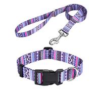 MarukoPet Dog Collar and Leash Set, Adjustable for Small Medium Large Dogs Puppy, Cute Design with Bohemia Floral Tribal Geometric Patterns Boys Girls Dog Collar(Purple Bohemia Set,M)