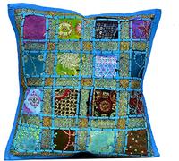 Marusthali Indian Bohemian Couch Cushion Covers Living Room Vintage Patchwork 40 x 40 cm Cotton Decorative Floral Abstract Home Cushion Covers 16x16 inches (Turquoise (Geometric Square), 1)