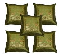 Marusthali Indian Ethnic Hand Embroidery Cushion Covers Decorative Brocade Silk Sofa Couch Scatter Pillow Traditional Cushion Cover Set of 1, 2, 5 Pcs Size 16 X 16 Inches (Green Elephant, 1)