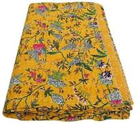 Marusthali kantha cotton quilts - indian traditional handmade bedding vintage quilt cotton indian blanket throw kantha bedspreads (Yellow, Twin 60 X 90 Inches)