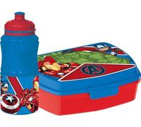 Marvel 380ml Water Bottle & Sandwich Box Blue Kids Plastic Avengers Set with Non-Slip Band and Safety Lock