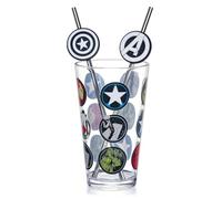 Marvel Avengers 480ml Glass and Twin Straw Set, 16.9oz Drinking Glass with 2 Reusable Metal Straws, Officially Licensed 3-Piece Kids Set