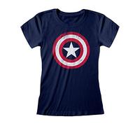 Marvel Avengers Assemble Womens Captain America Distressed Shield Fitted T-Shirt, Navy, S-5XL