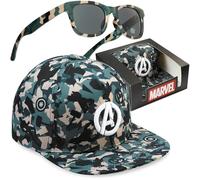 Marvel Avengers Baseball Cap Sunglasses Set for Boys, Adjustable Sun Hat 100% UV Shades, Kids Holiday Essentials, Boys Gifts (Camo Avengers)