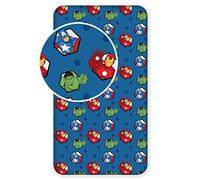 Marvel Avengers Fitted Sheet for Single Bed - 100% Cotton, Blue - Official Licensed Bedding with Iron Man, Hulk & Captain America - Kids Boys Superhero Sheet 90 x 200 + 25cm Deep Skirt