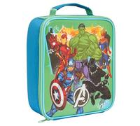 Marvel Avengers Kids Insulated Lunch Bag with Ironman, Hulk, Captain America, Black Panther, Captain Marvel, Carry Handle, Green and Blue, Wipe Clean Lining, Name Tag