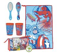 Marvel Avengers Kids Travel Toiletry Set - Includes Toiletry Bag with Name Tag, Soft Microfiber Towel, Hairbrush & Multi-Purpose Beaker - Compact, Travel-Friendly & PVC-Free - Practical Gift for Kids